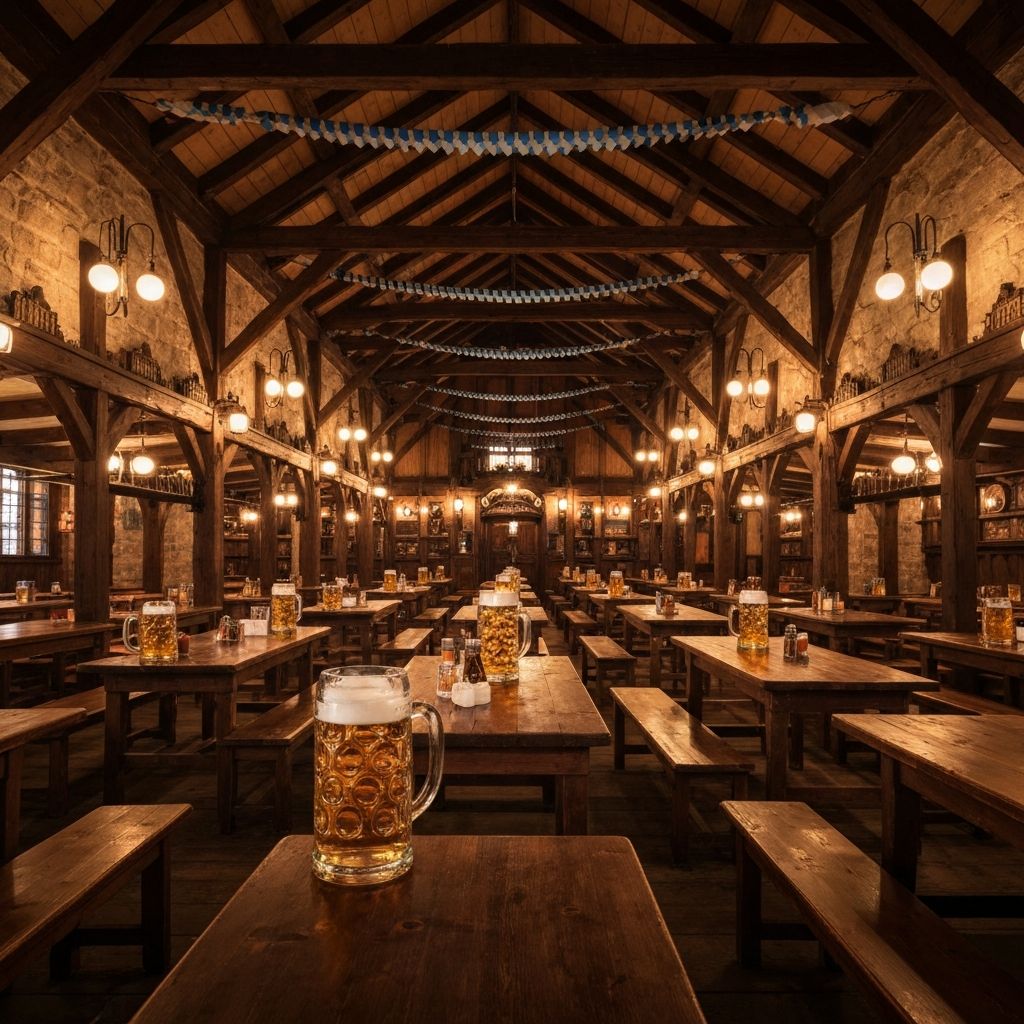 Traditionelle deutsche Bierhalle mit langen Holzbänken
